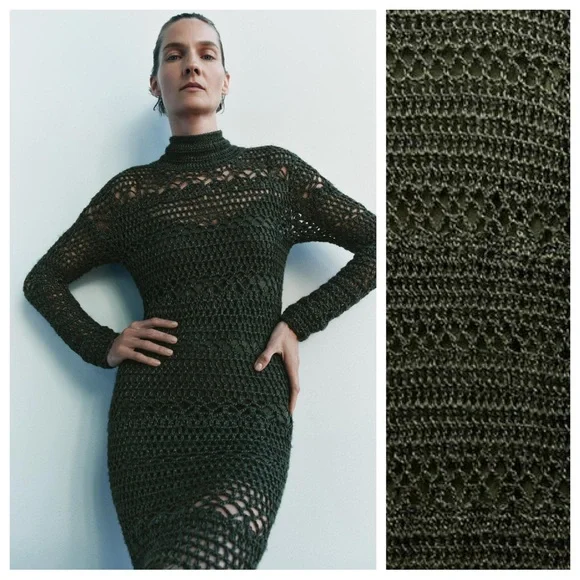 NWT. Zara Green Crochet Lace Dress with Fringe. Lining is missing. Size L. - Picture 2 of 14